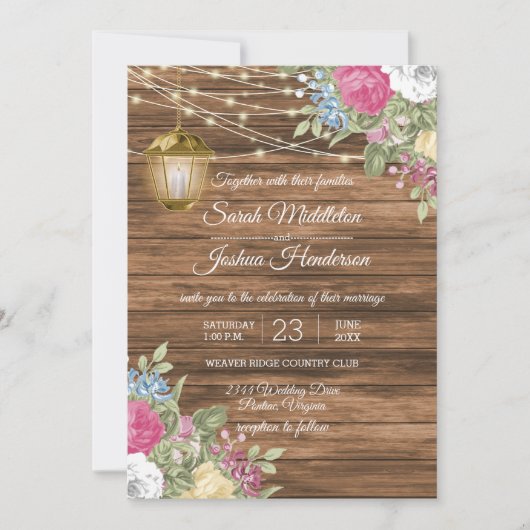 Invitation Bois, lanterne et beau Mariage de fleurs de printe (Devant)