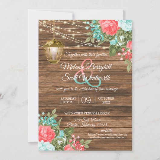 Invitation Bois, Lanterne et Turquoise, Mariage de fleurs de  (Devant)