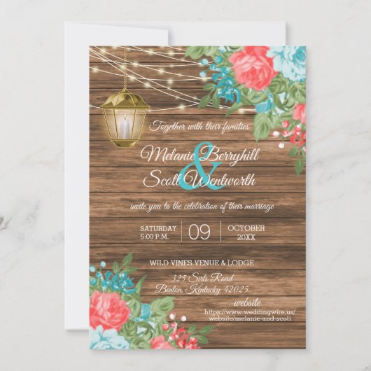 Invitation Bois, Lanternes avec Turquoise, Mariage de fleurs (Devant)