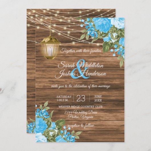 Invitation Bois, lanternes et Mariage à fleurs bleu bébé (Devant / Derrière)