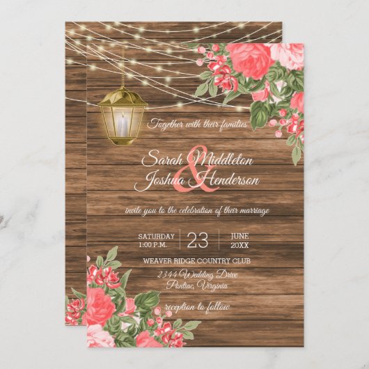 Invitation Bois, lanternes et Mariage à fleurs de corail (Devant / Derrière)