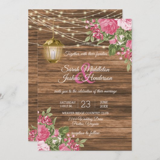 Invitation Bois, lanternes et Mariage à fleurs rose mauve (Devant / Derrière)