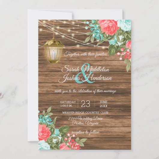 Invitation Bois, Lanternes et Turquoise, Mariage de fleurs de (Devant)