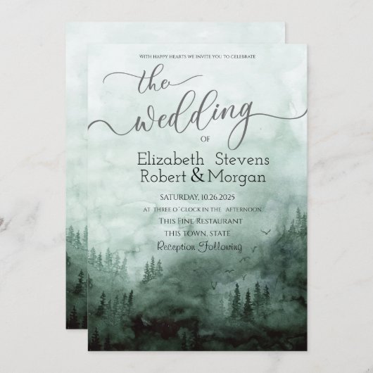 Invitation Bois, Mariage vert de forêt (Devant / Derrière)