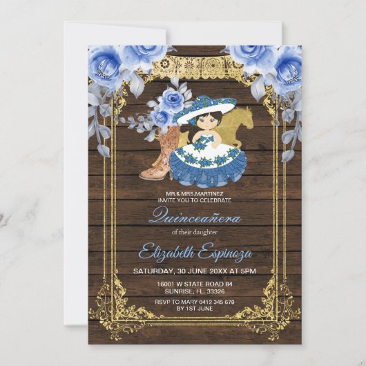 Invitation Bois mexicain Quinceanera Bleu Rose Fleurs (Devant)