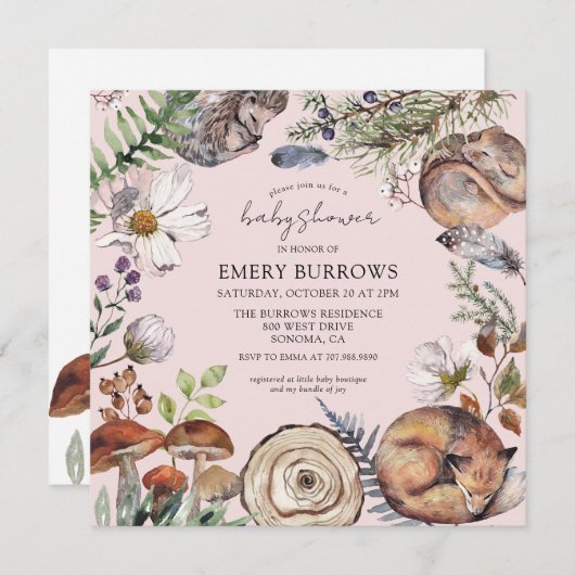 Invitation Bois mignon animaux de forêt rose Baby shower fill (Devant / Derrière)
