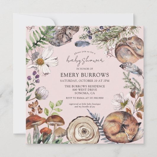 Invitation Bois mignon animaux de forêt rose Baby shower fill (Devant)