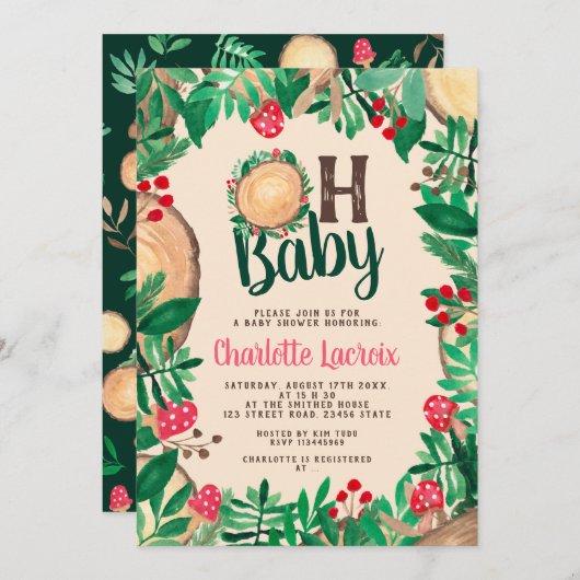 Invitation Bois mignon bois vert bois Oh baby shower (Devant / Derrière)