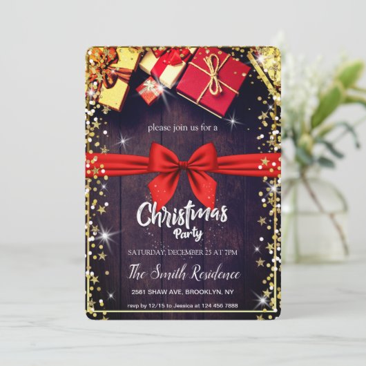 Invitation Bois Naturel, Cadeaux Diamants Étoiles Noël (Debout devant)