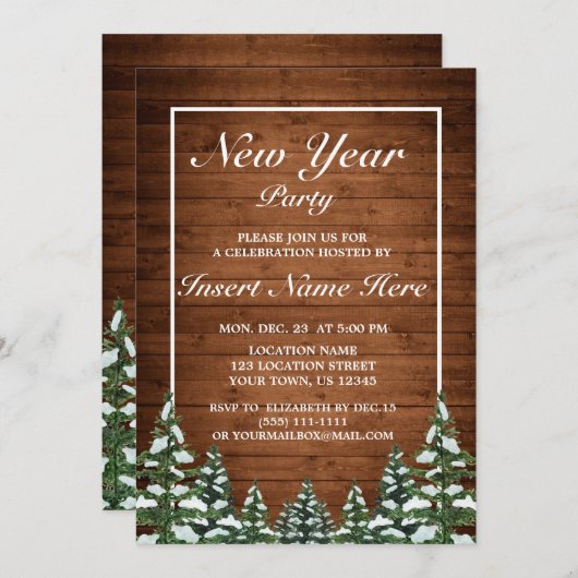 Invitation Bois neigeux & Forêt Pin rural fête du Nouvel An (Devant / Derrière)