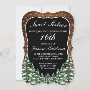 Invitation Bois neigeux noir et pin Tiara Sweet 16