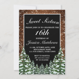 Invitation Bois neigeux noir et pin Tiara Sweet 16