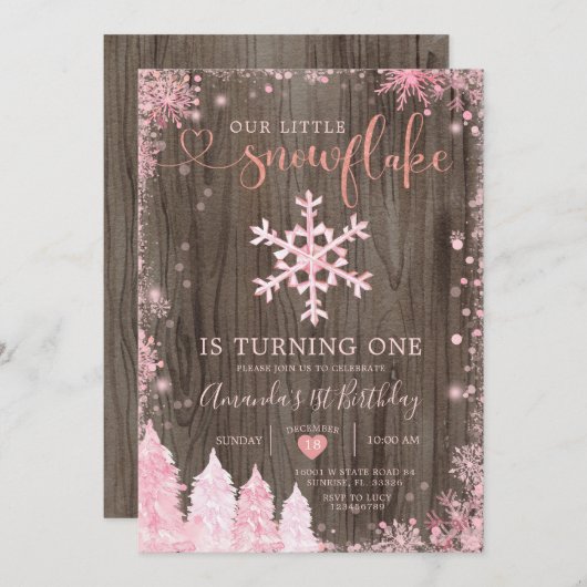 Invitation Bois Onederland Pink Snowflake 1er anniversaire (Devant / Derrière)