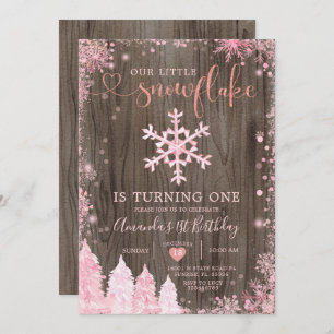 Invitation Bois Onederland Pink Snowflake 1er anniversaire