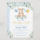 Invitation Bois Ours Bleu Or Baby shower vert (Devant / Derrière)