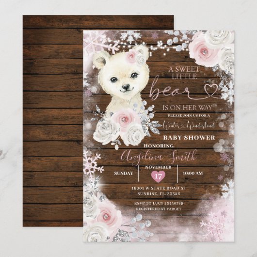 Invitation Bois Ours Pastel Pink Snowflake Baby shower (Devant / Derrière)