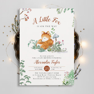Invitation Bois Petit renard Champignons Baby shower verdoyan