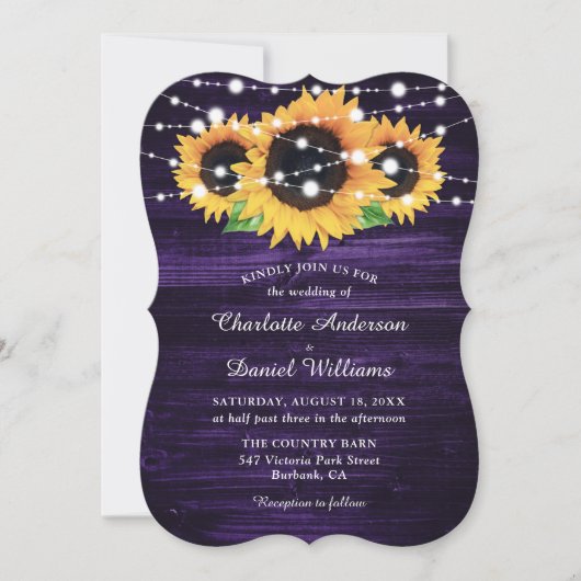 Invitation Bois pourpre rustique et Mariage de tournesol (Devant)