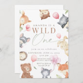 Invitation Bois Premier Anniversaire, Forêt Animale, sauvage (Devant / Derrière)