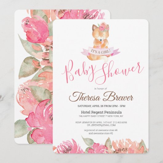Invitation Bois Renard rose Aquarelle Baby shower Floral (Devant / Derrière)