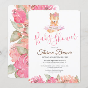 Invitation Bois Renard rose Aquarelle Baby shower Floral