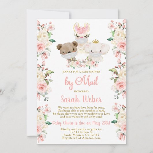 Invitation Bois rose Baby shower floral par fille de courrier (Devant)