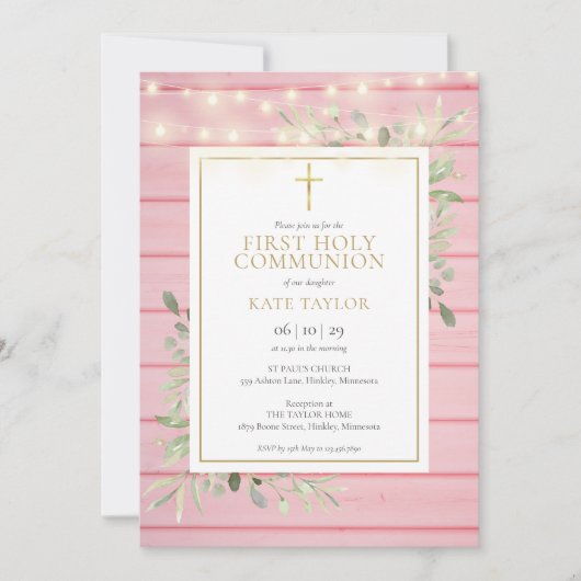 Invitation Bois rose éclaire verdure Première sainte communio (Devant)