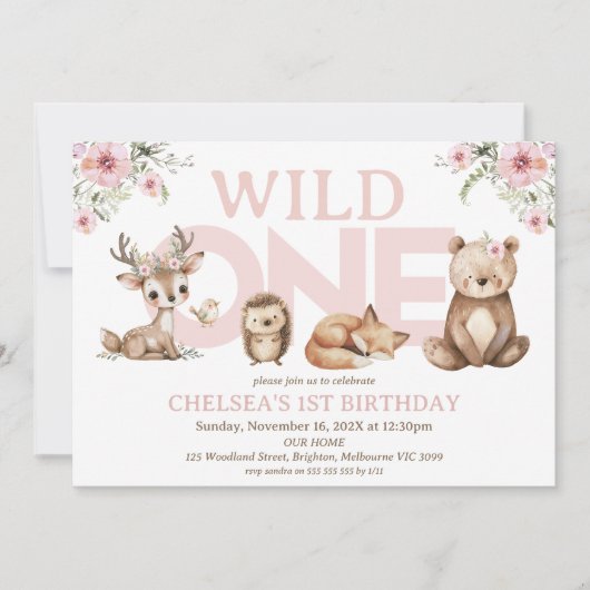 Invitation Bois rose Fleur sauvage Wild Un 1er anniversaire (Devant)