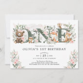 Invitation Bois rose Floral Animaux 1er anniversaire fille (Devant)