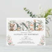 Invitation Bois rose Floral Animaux 1er anniversaire fille (Debout devant)