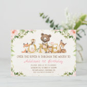 Invitation Bois rose Floral Animaux Premier anniversaire (Debout devant)