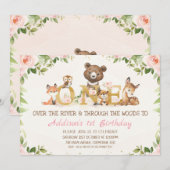 Invitation Bois rose Floral Animaux Premier anniversaire (Devant / Derrière)