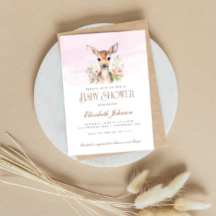 Invitation Bois rose Floral Oh Deer Baby shower