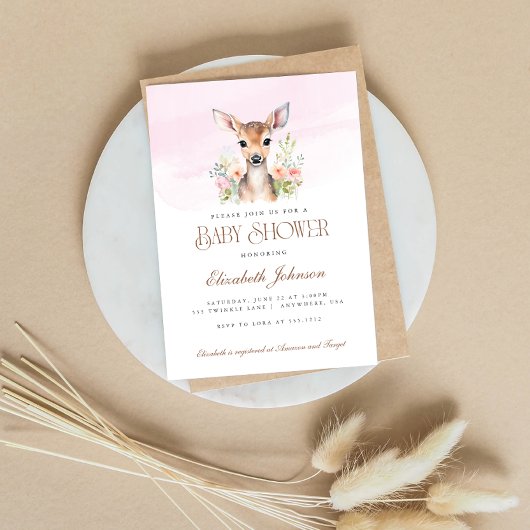 Invitation Bois rose Floral Oh Deer Baby shower