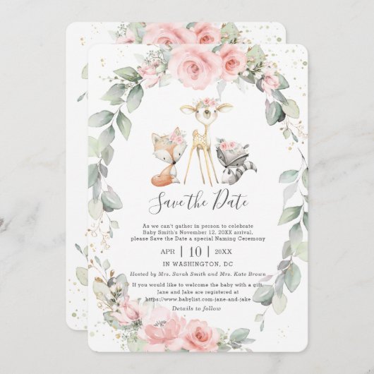 Invitation Bois rose florale Enregistrer la date Nom du bébé (Devant / Derrière)