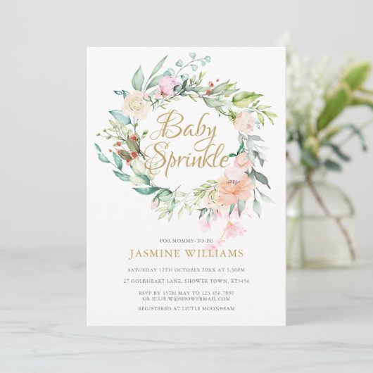 Invitation Bois Rose Gold Script Baby Sprinkle (Debout devant)