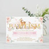 Invitation Bois rose Or Animaux Baptême Floral (Debout devant)