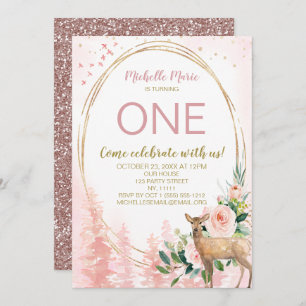 Invitation Bois rose or Floral premier anniversaire