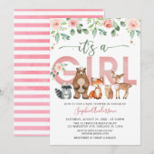 Invitation Bois rose rousse animaux Baby shower fille (Devant / Derrière)