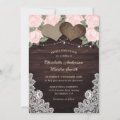 Invitation Bois rose Rustique Noir Coeurs Chaîne Lumières Flo (Devant)