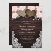 Invitation Bois rose Rustique Noir Coeurs Chaîne Lumières Flo (Devant / Derrière)