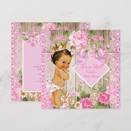 Invitation Bois rose rustique Princesse Baby shower Brunette (Devant / Derrière)