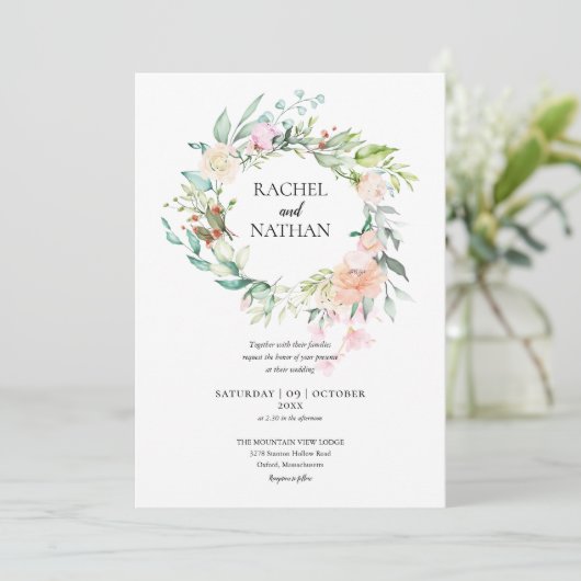 Invitation Bois Rose verdure Mariage fleuri (Debout devant)