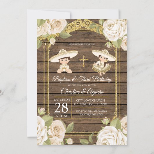 Invitation Bois Roses Blanches Baptême jumeau et troisième an (Devant)