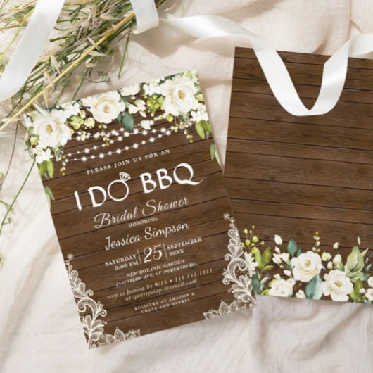 Invitation Bois & Roses Blanches Floral I Do BBQ Fête des mar