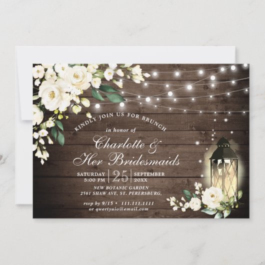 Invitation Bois & Roses Blanches Lanterne Filles Brunch (Devant)