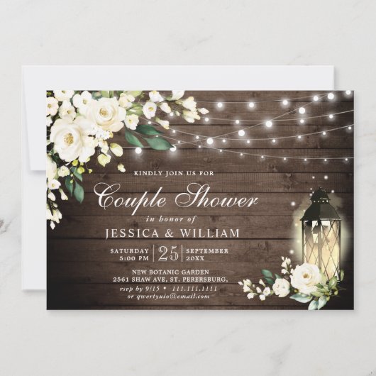 Invitation Bois Roses Blanches Lanterne Rustique Couple Douch (Devant)