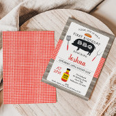 Invitation Bois Rouge Plaid Cochon BBQ 1er anniversaire Invit