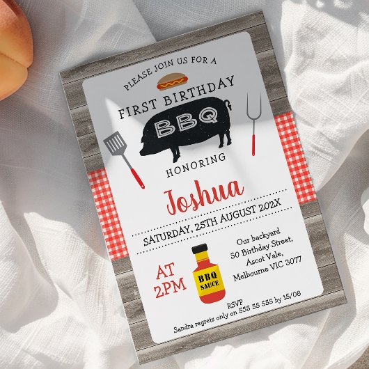 Invitation Bois Rouge Plaid Cochon BBQ 1er anniversaire Invit