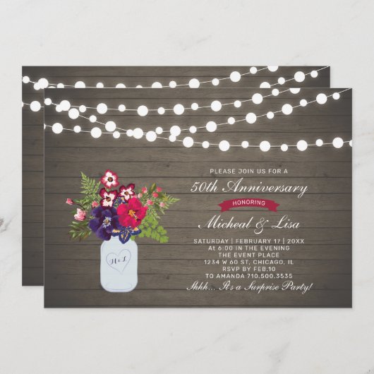 Invitation Bois Rustique 50e Anniversaire de Mariage Surprise (Devant / Derrière)